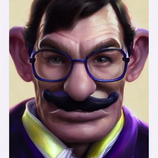 Image similar to Waluigi, portrait, highly detailed, digital painting, artstation, concept art, sharp focus, illustration, art by artgerm and greg rutkowski and alphonse mucha