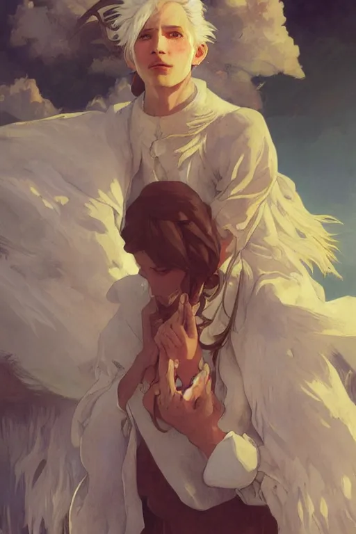Prompt: Howl from Howl's Moving Castle with white hair, fantasy, portrait, highly detailed, digital painting, artstation, concept art, sharp focus, illustration, art by greg rutkowski and alphonse mucha, oil painting by John Ward, by Arthur Walker, by Vermeer, by Monet