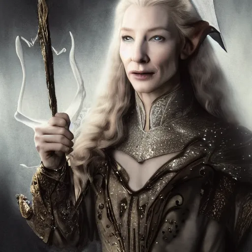 Prompt: portrait of dangerous, playful, mischievous young Galadriel (Cate Blanchett) as a queen of elves, dressed in a refined silvery costume. The background is a dark!, chilling eastern europen forrest. night, horroristic shadows, higher contrasts, (((lumnious))), theatrical, character concept art by ruan jia, thomas kinkade, and J.Dickenson, trending on Pinterest