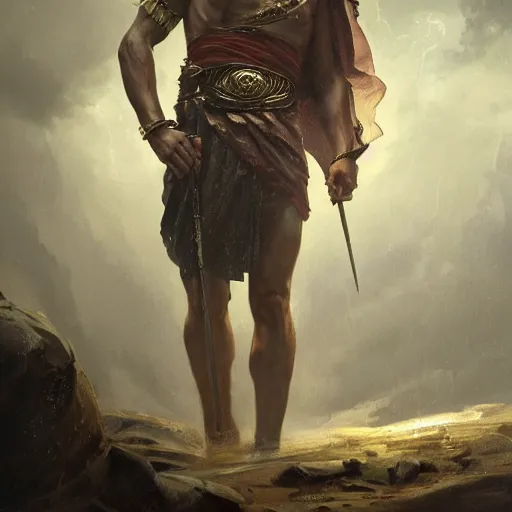 Image similar to a dramatic epic ethereal portrait of Julius Caesar, full body with dynamic pose, male, detailed face, cinematic lighting, highly detailed oil on canvas painting by Greg Rutkowski, winning-award digital art trending on Artstation H 1024 W 832