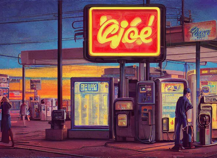 Image similar to people exterior gas station, cyberpunk neon ads, in the style of jeremy enecio, intricate, miles johnston, monet, cynical realism, john william godward, painterly, yoshitaka amano, miles johnston, louise zhang, pekka halonen, finnish naturalism, realism