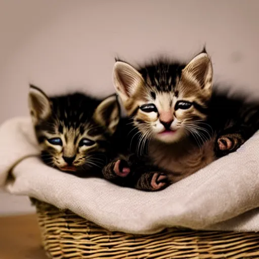 Prompt: two kittens sleeping in a basket, happy, cute