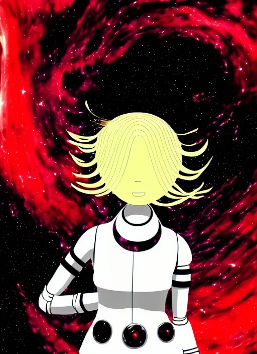 Prompt: highly detailed portrait of a hopeful pretty astronaut lady with a wavy blonde hair, by Jun Kaneko, 4k resolution, nier:automata inspired, bravely default inspired, vibrant but dreary but upflifting red, black and white color scheme!!! ((Space nebula background))