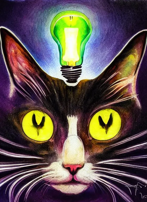 Image similar to portrait of a cat's head inside an upside down light bulb, modern fine art, intricate, elegant, subsurface scattering, highly detailed pop art painting, organic acrylic flow art, psychedelic fractal art, acrylic art, watercolor, featured on deviantart