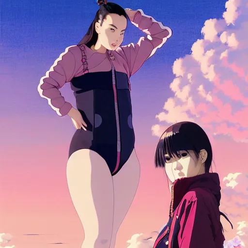 Image similar to a beautiful plus sized model japanese natalie portman, alluring, wearing oversized mayan bomber jacket and leotard with overalls, bulky poofy bomber jacket with mayan patterns, aztec street fashion, gapmoe yandere grimdark, trending on pixiv fanbox, painted by greg rutkowski makoto shinkai takashi takeuchi studio ghibli, akihiko yoshida
