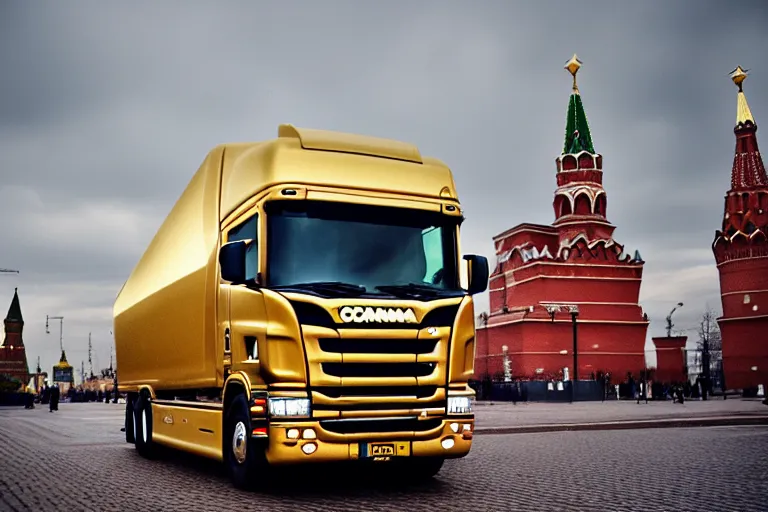 Prompt: gold Scania in Moscow, Cinematic, filmic, 35mm,