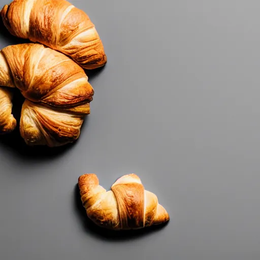 Prompt: professional studio photography of a croissant on a table, grey background, balanced lighting, xf iq 4, f / 1. 4, iso 2 0 0, 1 / 1 6 0 s, 8 k, raw, unedited, symmetrical balance, in - frame