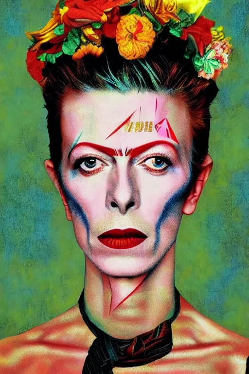 Image similar to David Bowie in Frida Kahlo style, high detail