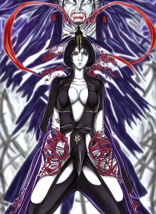 Image similar to shin megami tensei art of a demon called margaret!!!!!!! thatcher!!!!!!!, art by kazuma kaneko, demonic! compedium!, digital drawing, law demon, white background, high quality, highly detailed