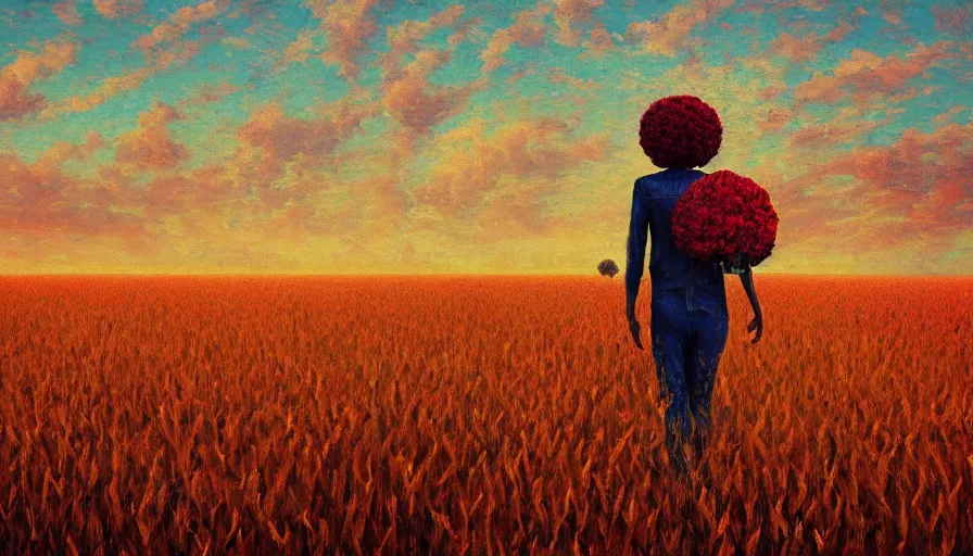 Image similar to giant red carnation afro head, full body, full body, girl walking through empty wheat field, surreal photography, forest background, sunrise dramatic light, impressionist painting, colorful clouds, digital painting, pointillism, artstation, simon stalenhag