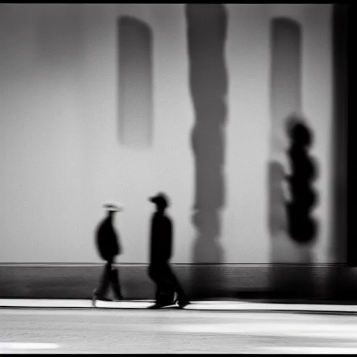 Prompt: an urban photograph of two shadowy figures, long exposure, 35mm, black-and-white