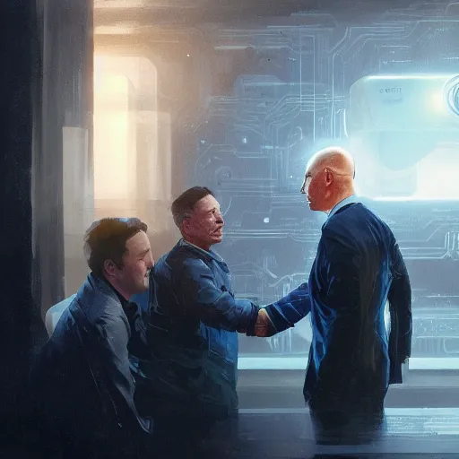 Prompt: illustration of a meeting between elon musk, mark zuckenberg, jeff bezos, very clear face, high quality, very detailled, by artgem, greg rutkowski, ruan jia