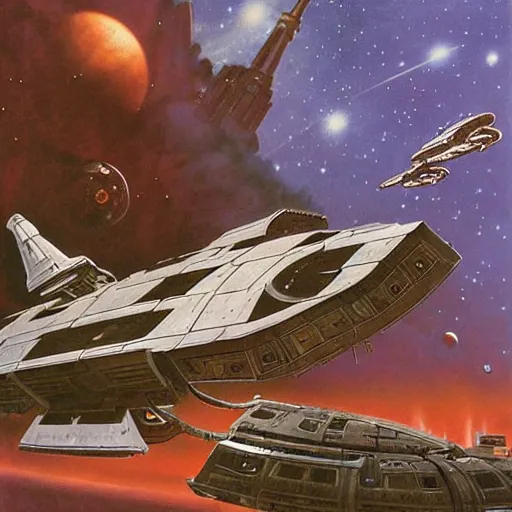 Image similar to a vast steampunk spaceship approaches the wreckage of a derelict starship in deep space by doug chiang and ralph mcquarrie