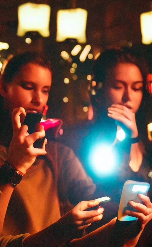 Prompt: apes checking their cell phones editorial photograph, dark lighting, glowing screens, indoor Pizza Hut