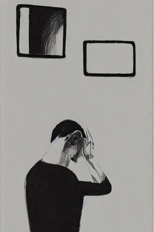 Image similar to man looking at his reflection in the mirror, 1960’s minimalist advertising illustration, painterly, expressive brush strokes