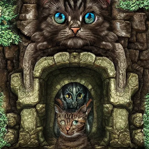 Prompt: ancient magical overgrown runestone ruins, medieval gates, mysetrious etherial mesmerizing cat eyes, extremely intricate, hyper detailed, hd, masterpiece