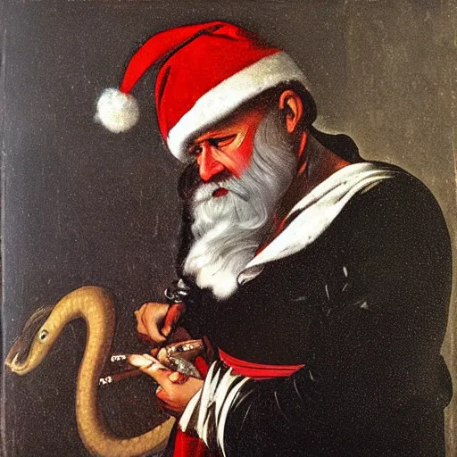 Image similar to Father Christmas snake charmer Painted by Caravaggio