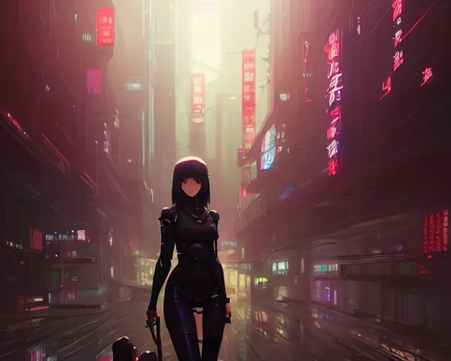 Image similar to Beautiful full body portrait of beautiful cyberpunk woman by Greg Rutkowski and Krenz Cushart and Pan_Ren_Wei and Hongkun_st and Bo Chen and Enze Fu and WLOP and Alex Chow, Madhouse Inc., anime style, crepuscular rays, set in rainy futuristic cyberpunk Tokyo street, dapped light, dark fantasy, feminine figure, smooth skin, gorgeous, pretty face, beautiful fashion model body, high detail, hyper realistic, cgsociety, trending on artstation