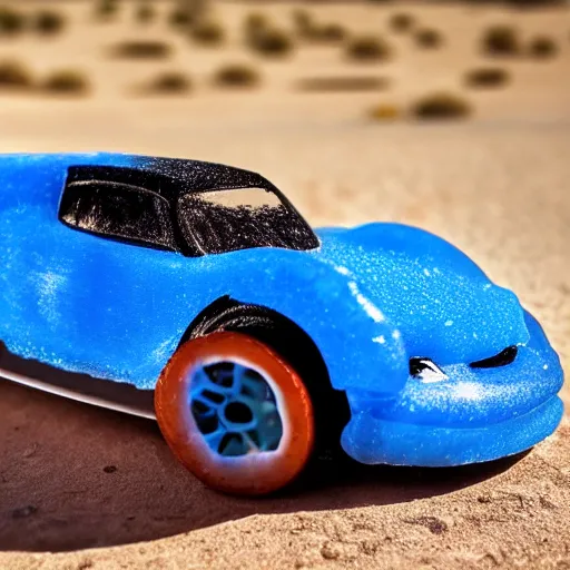 Prompt: a blue gummy bear sizzles and is half melted because it\'s on the hood of a futuristic high tech sports car in the bright hot desert sun.