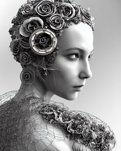 Image similar to mythical dreamy black and white organic bio - mechanical spinal ribbed profile face portrait detail of translucent steampunk beautiful female angelic - human - queen - vegetal - cyborg, highly detailed, intricate crystal ivy jelly ornate, poetic, translucent roses ornate, 3 d render, digital art, octane render, 8 k artistic photography, photo - realistic, by dora maar