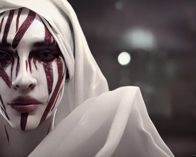 Image similar to a film still of a synthetic female human wrapped in white cloth, tribal facepaint, in neotokyo, cinematic lighting, high resolution, 4 k