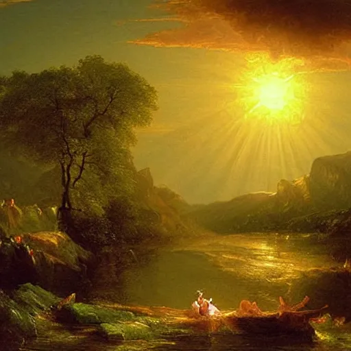 Image similar to the sun is a metaphor for hope. no matter how dark things may seem, there is always light. an oil painting by thomas cole