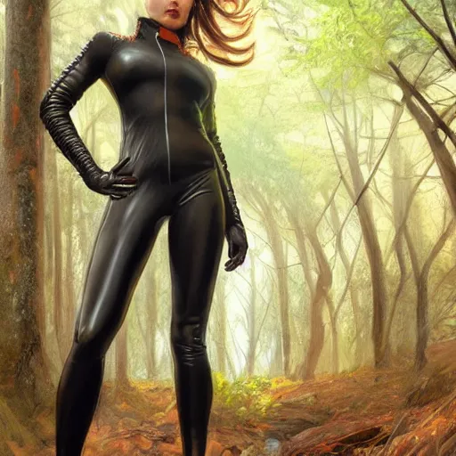 Prompt: full body portrait of a female wearing a skintight leather jacket in a forest, large thighs, perfect face, beautiful! coherent!, intricate, elegant, highly detailed, digital painting, artstation, smooth, sharp focus, illustration, art by artgerm and greg rutkowski and alphonse mucha, 8 k