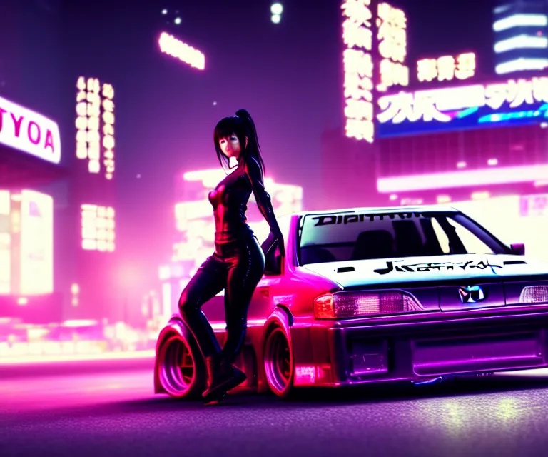 Image similar to toyota jzx 1 0 0 drift with cyberpunk girl standing, detailed - wheels, shibuya prefecture, cinematic lighting, photorealistic, night photography, octane render