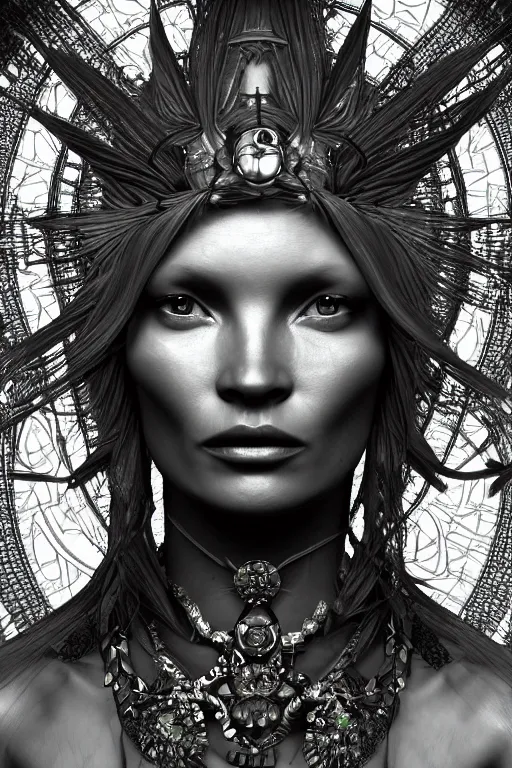 Image similar to a realistic dark photo of a beautiful ancient alien woman goddess kate moss in jewelery and fractals in style of alphonse mucha art nuvo dmt trending on artstation made in unreal engine 4