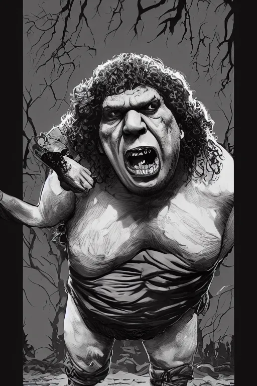 Image similar to andre the giant in sleepy hollow, full body, big two toned eyes, teeth gritted, horror, intricate details, cinematic, epic, realistic, anatomy, tomer hanuka, uplight, artstation, photorealistic, scary