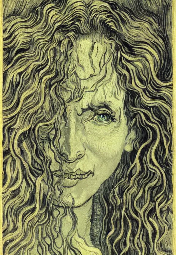 Prompt: perfectly centered portrait front view of a beautiful biomechanical moon goddess, flowing hair, intense stare, sweet sarcastic smile, symmetrical, concept art, intricate detail, volumetric shadows and lighting, realistic oil painting by van gogh, gustave dore,