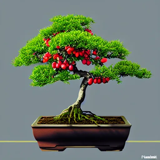 Image similar to bonsai fruit tree with cherries! but minimalistic concept art by frank stella gilleard james whalen tom, colorful, soft light, trending on artstation, minimalism