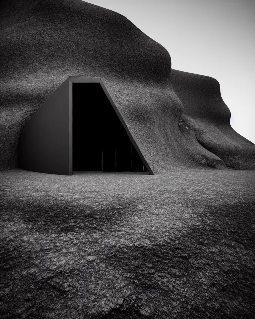 Image similar to tall black geometric house, embedded in lava cliff, full view, black house, molten metal house, minimal, rippled white landscape, dwarven architecture, light from molten iron, octane render, hyper realistic, 8 k, octane render