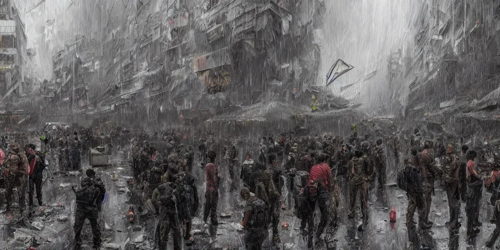 Prompt: private military company operatives standing outside immigration check point crowded with climate crisis migrants, severe weather storms, hong kong, cinematic, realistic, detailed, intricate, digital art, ambient lighting, by darek zabrocki, pop art style, 3 5 mm film grain, artstation