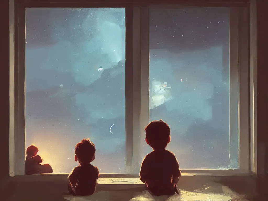 Prompt: a contemporary painting of a little boy sits in his bed and looks through the window into the night sky in a painting from stalenhag 4 k 8 k hdr artstation concept art