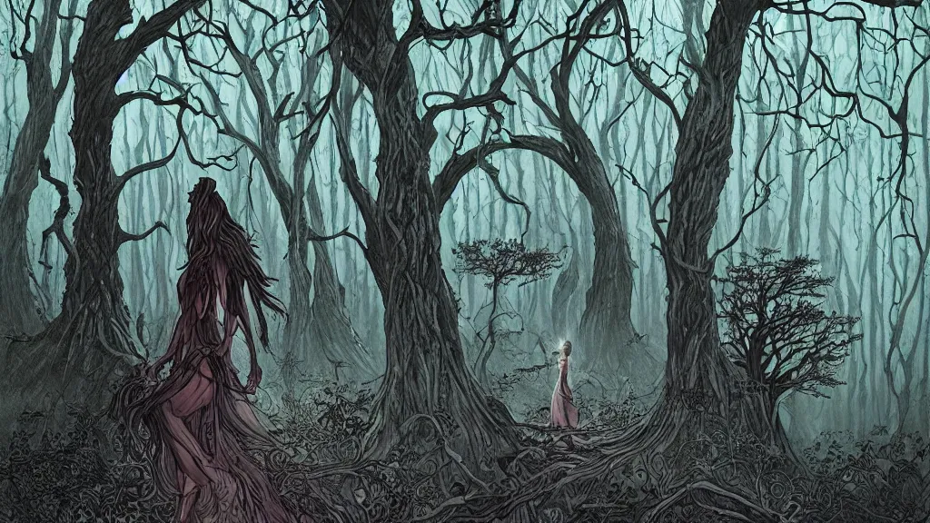 Prompt: silhouette of a witch walking in a forest path, beautiful ancient trees, serene evening atmosphere, scary, by asaf hanuka, by karol bak, by tony diterlizzi, colored pencil, fine art, scary, dark fantasy