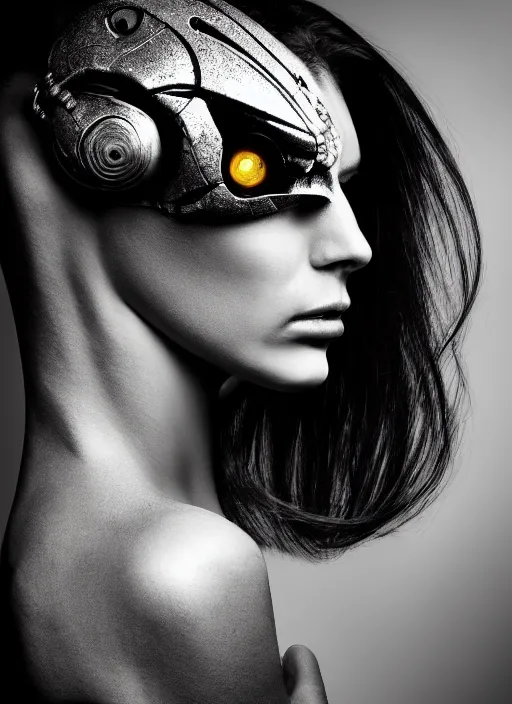 Image similar to a profile portrait, a stunning young woman - cyborg with a mutant bird head, editorial photography, bw, by roman sustov, by hr giger, shot on 7 0 mm, depth of field, f / 2. 8, high contrast, 1 6 k, volumetric lighting, shiny, insanely detailed and intricate, hypermaximalist, elegant, ornate