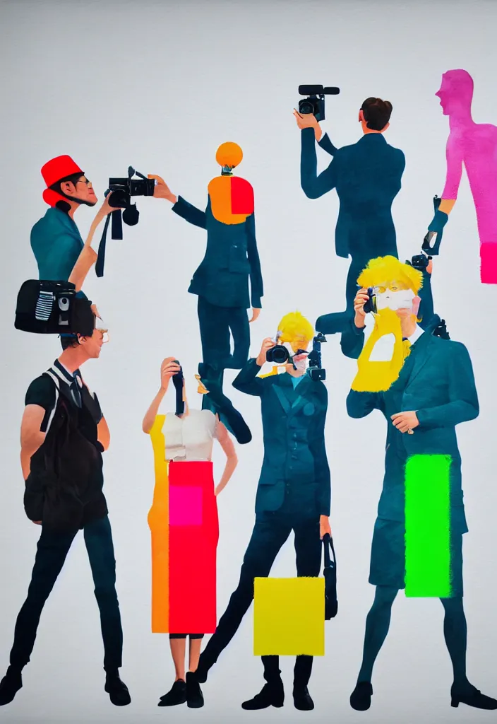 Image similar to full body portrait of a trio of european tourists with nikon cameras, various poses shooting photos, character designs painting, in the style of wes anderson, rene magritte, lola dupre, david hockney, isolated on white background, dark monochrome neon spraypaint accents volumetric octane render