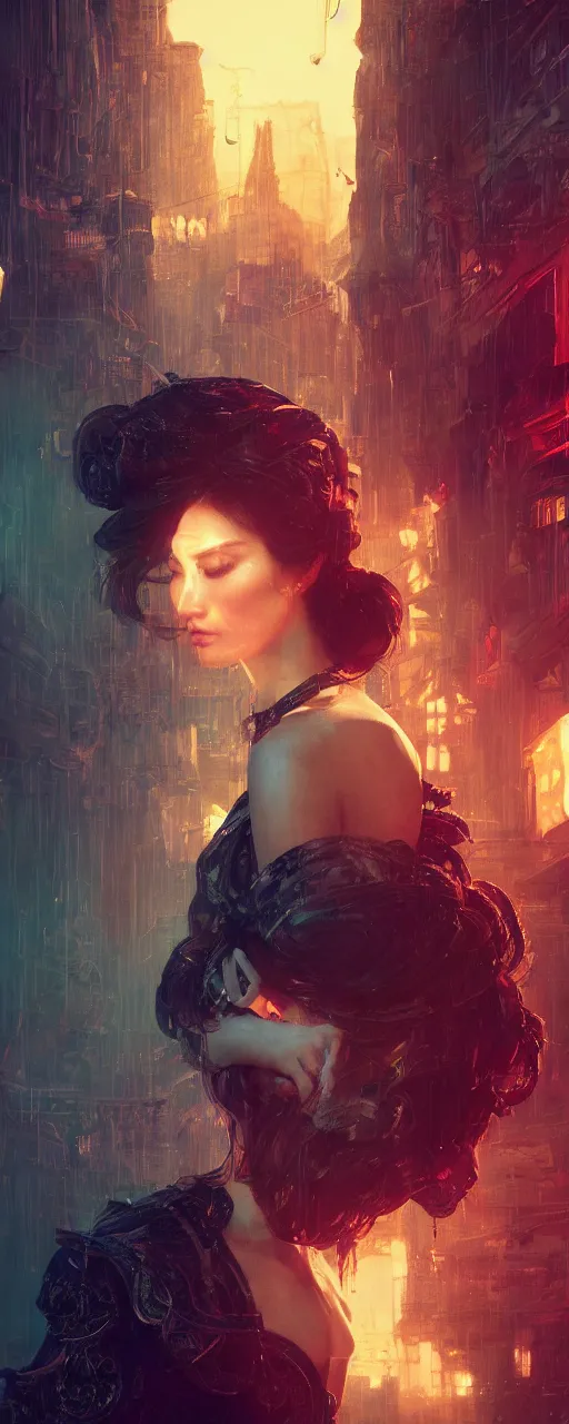 Image similar to portrait of gemma chan tavern bard, intricate face, sad expression, sweat, narrow dark streets with exotic dancers, vaporwave aesthetics, 8 k uhd, unreal engine, octane render in the artstyle of finnian macmanus, john park and greg rutkowski