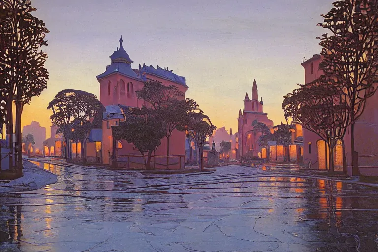 Prompt: view of the old city and its tree-lined winding streets still wet after a storm, tall windows lit up, beautiful ornamental architecture, dramatic cinematic lighting, rich colors, by Nicholas Roerich and ford madox brown and April Gornik and Sylvain Sarrailh and Ludwig Deutsch and Diego Rivera, featured on artstation