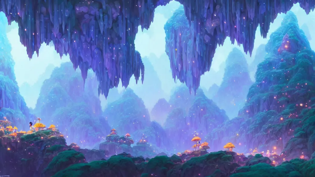 Prompt: crystal cave, clusters of crystals, studio ghibli, pixar and disney animation, sharp, rendered in unreal engine 5, highly detailed, digital painting, artstation, concept art, smooth, sharp focus, illustration, wide angle, artbook, wallpaper, splash art, promo art, dramatic lighting, art by artgerm and greg rutkowski and bo chen and jin xiaodi
