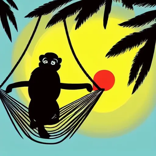 Image similar to a monkey laying a hammock smoking a joint, sunset, cartoon style,