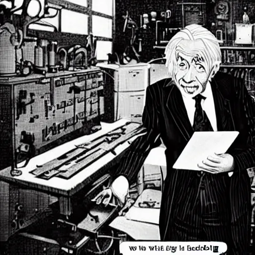 Prompt: inside the workshop with alan turing cracking the enigma with the help of albert einstein, anime, manga style,