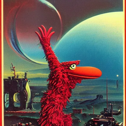 Image similar to elmo in the style of a 7 0 s science fiction novel cover, highly detailed, bruce pennington, peter jones