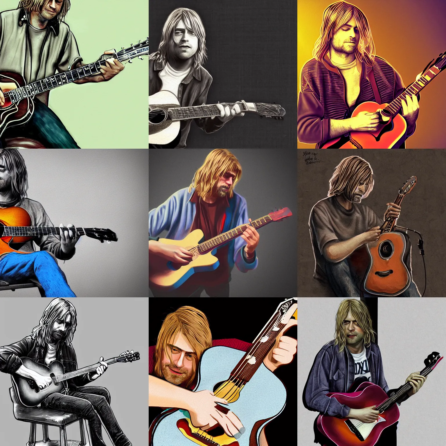 Prompt: animation still of kurt cobain playing an acoustic guitar, digital art, artstation, highly detailed