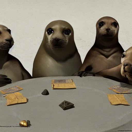 Prompt: a group of seals pups sitting around a table, playing dnd, cinematic lighting, trending on artstation, focused, detailed