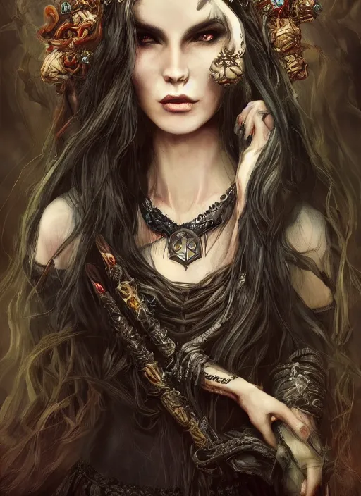 Image similar to mysterious dark and beautiful witch with long hair and a crown, fantasy, medieval, vivid colors, fantasy, elegant, concept art, sharp focus, beautiful face!!, digital art, Hyper-realistic, 4K, Unreal Engine, Highly Detailed, HD, Dramatic Lighting by Brom, trending on Artstation