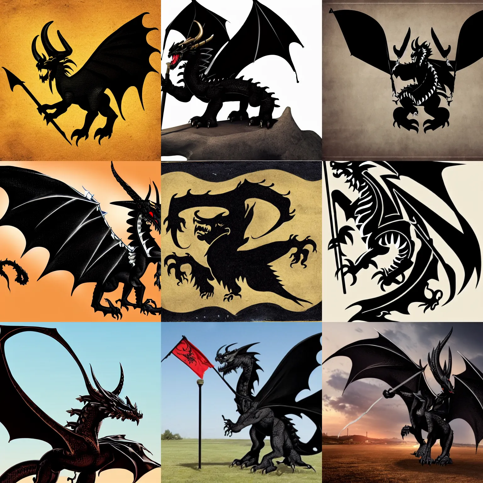 Prompt: a black western dragon with four horns, waving a flag with lambda symbol
