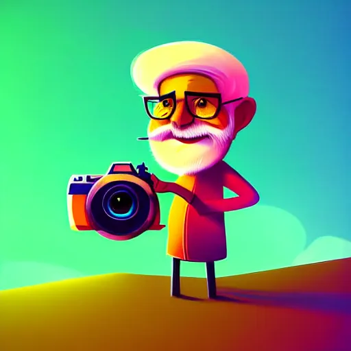 Image similar to curled perspective digital art of a cute smiling grandpa cartoon character with a photo camera by anton fadeev