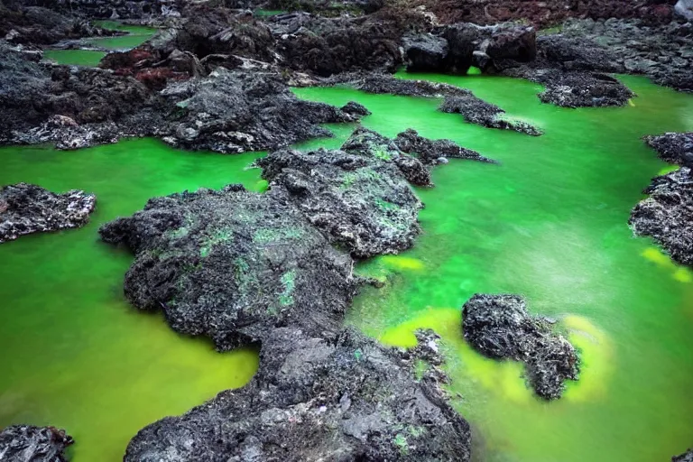 Image similar to glowing green rocks, toxic sludge, like where the hulk would live, landscape